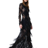 Black Lace Dress With Sequined Fringe Skirt And Beaded Tassels