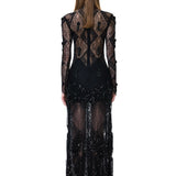 Black Lace Dress With Sequined Fringe Skirt And Beaded Tassels
