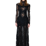 Black Lace Dress With Sequined Fringe Skirt And Beaded Tassels