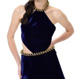 Navy Velvet Mini Halter Neck Dress With Crystal Rope Detail
