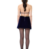 Navy Velvet Mini Halter Neck Dress With Crystal Rope Detail