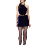 Navy Velvet Mini Halter Neck Dress With Crystal Rope Detail