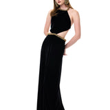 Black Velvet Halter Neck Maxi Dress With Crystal Rope Detail