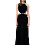 Black Velvet Halter Neck Maxi Dress With Crystal Rope Detail