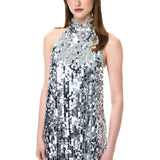Silver Sequin Mini Dress With Crystal Necklace Detail