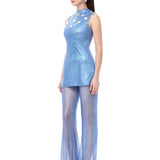 Blue Crystal-Embellished Mesh Pants