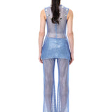 Blue Crystal-Embellished Mesh Pants