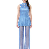 Blue Crystal-Embellished Mesh Pants