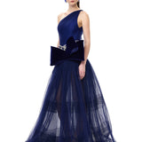 Navy Tulle Black Velvet Polka-Dot Printed Maxi Gown With Velvet Bow And Crystal Belt