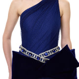 Navy Tulle Black Velvet Polka-Dot Printed Maxi Gown With Velvet Bow And Crystal Belt
