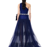 Navy Tulle Black Velvet Polka-Dot Printed Maxi Gown With Velvet Bow And Crystal Belt