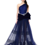 Navy Tulle Black Velvet Polka-Dot Printed Maxi Gown With Velvet Bow And Crystal Belt