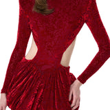 Red Stretchy Patterned Velvet Mini Dress With Balloon Skirt
