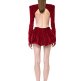 Red Stretchy Patterned Velvet Mini Dress With Balloon Skirt