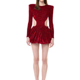 Red Stretchy Patterned Velvet Mini Dress With Balloon Skirt