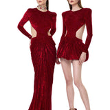 Red Stretchy Patterned Velvet Maxi Dress With Draped Detail