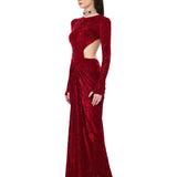 Red Stretchy Patterned Velvet Maxi Dress With Draped Detail
