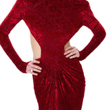 Red Stretchy Patterned Velvet Maxi Dress With Draped Detail