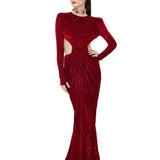 Red Stretchy Patterned Velvet Maxi Dress With Draped Detail
