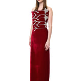 Red Velvet Sculptural Maxi Dress With Crystal Floral Embroidery Corset