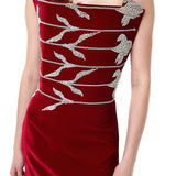 Red Velvet Sculptural Maxi Dress With Crystal Floral Embroidery Corset