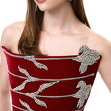 Red Velvet Sculptural Maxi Dress With Crystal Floral Embroidery Corset