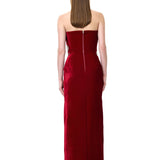 Red Velvet Sculptural Maxi Dress With Crystal Floral Embroidery Corset