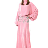 Silk Velvet Turtleneck Gown With Ruched Sleeves And Crystal Flower Embroidery
