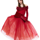 Red Tulle Velvet Polka-Dot Printed Maxi Gown With Crystal Mesh Bow At Neckline