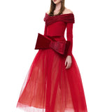 Red Tulle Velvet Polka-Dot Printed Maxi Gown With Crystal Mesh Bow At Neckline