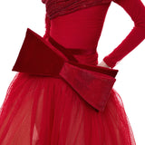 Red Tulle Velvet Polka-Dot Printed Maxi Gown With Crystal Mesh Bow At Neckline