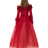 Red Tulle Velvet Polka-Dot Printed Maxi Gown With Crystal Mesh Bow At Neckline