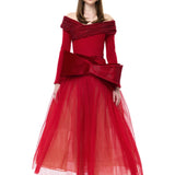 Red Tulle Velvet Polka-Dot Printed Maxi Gown With Crystal Mesh Bow At Neckline