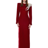 Red Velvet Maxi Dress With Crystal Accessory