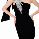 Black One-Shouldered Velvet Dress With Crystal Accessory