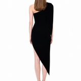 Black One-Shouldered Velvet Dress With Crystal Accessory