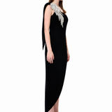 Black One-Shouldered Velvet Dress With Crystal Accessory