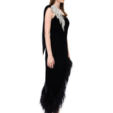 Black One-Shouldered Velvet Dress With Crystal Accessory And Feather Trim