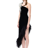 Black One-Shouldered Velvet Dress With Crystal Accessory And Feather Trim