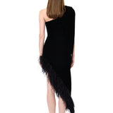 Black One-Shouldered Velvet Dress With Crystal Accessory And Feather Trim