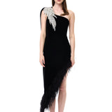 Black One-Shouldered Velvet Dress With Crystal Accessory And Feather Trim