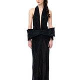 Black Crystal-Embellished Mesh V-Neck Maxi Dress With Bow Detail And Front Slit