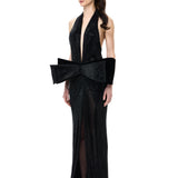 Black Crystal-Embellished Mesh V-Neck Maxi Dress With Bow Detail And Front Slit