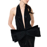 Black Crystal-Embellished Mesh V-Neck Maxi Dress With Bow Detail And Front Slit
