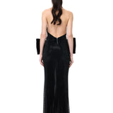 Black Crystal-Embellished Mesh V-Neck Maxi Dress With Bow Detail And Front Slit
