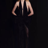 Black Crystal-Embellished Mesh V-Neck Maxi Dress With Bow Detail And Front Slit