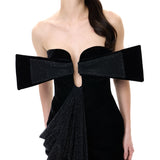 Asymmetric Black Velvet Dress With Crystal Mesh Bow Detail