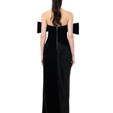 Asymmetric Black Velvet Dress With Crystal Mesh Bow Detail