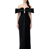 Asymmetric Black Velvet Dress With Crystal Mesh Bow Detail