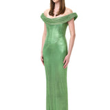 Green Crystal-Embellished Mesh Cowl-Neckline Dress